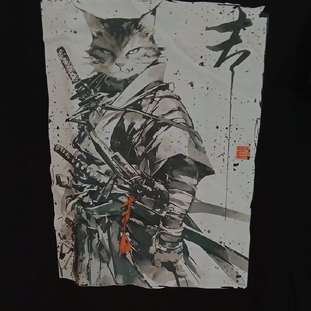Samurai Cat Graphic T-Shirt 100% Cotton NWOT